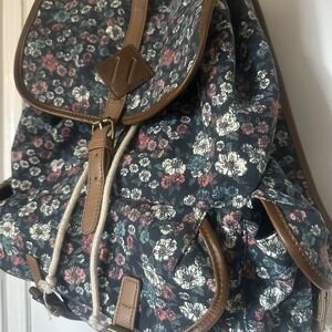 Vintage Y2K MUDD Canvas Floral Print Boho Backpack Satchel Bag‎ w/Leather Trim